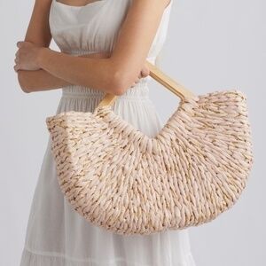 URBAN EXPRESSIONS HANDBAGS Wooden Handle Interwoven Straw Beachy Tote Bag::NWT::